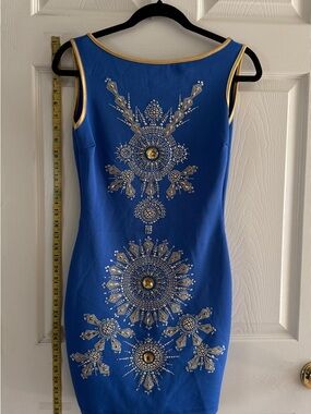 Arden B Blue Sheath Dress with Gold Embellishment